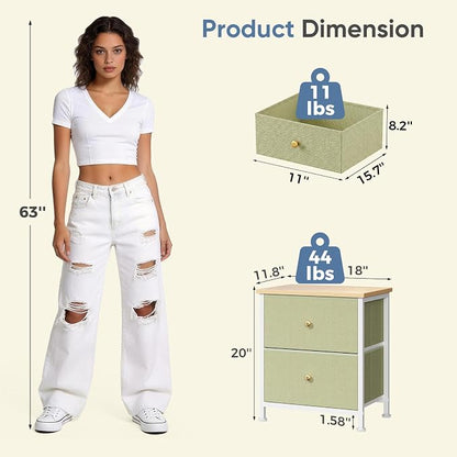 DUMOS Nightstand Set of 2, Bedside Table for Bedroom, Small Dresser | Side/End Table with 2 Fabric Drawers, Storage Cabinet Furniture, 20 Inch Night Stand for Closet, Entryway, Light Green 2Pack