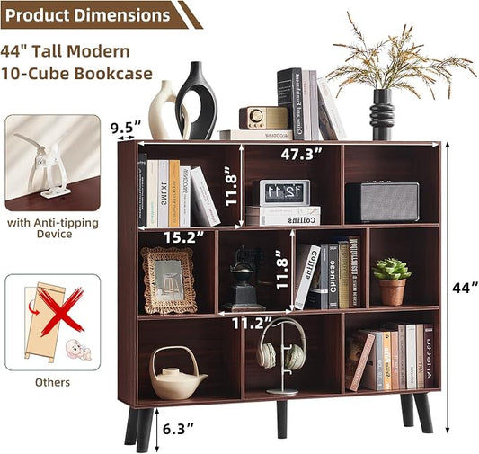 LEYAOYAO 10 Cube Bookshelf,3 Tier Modern Wide Bookcase with Legs,Mid-Century Wood Bookshelves Storage,Mint-Walnut Large Book Case,Freestanding Organizer Display Shelf for Bedroom,Living Room,Office