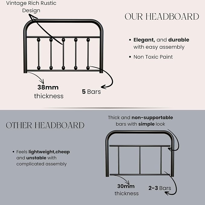 Vintage Twin Size Metal Bed Frame Height Adjustable Headboard Only, Wrought Iron Black Farmhouse Bed Frame Headboard, Easy Assembly, Short Clearance, Tall or Low Setting