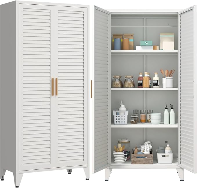 61" Tall White Kitchen Pantry Cabinet, Farmhouse Metal Pantry Storage Cabinets, with 2 Louvered Door and 3 Adjustable Shelves, Multipurpose Storage Organizer, for Home, Entryway, Kids Room
