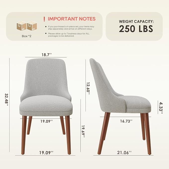MALOL Upholstered Dining Chairs Set of 4, High-Back Dining Room Chair with Wood Legs, Padded Kitchen Chairs for Dining Room/Restaurant/Cafe, Light Grey