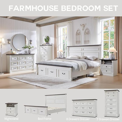 Aitjunz Farmhouse King Size Bed Frame with 51" Tall Headboard, Wood Platform Bed Frame with 20" Tall Roman Column Decoration Footboard & 3 Large Storage Drawers, No Box Spring Needed (White)