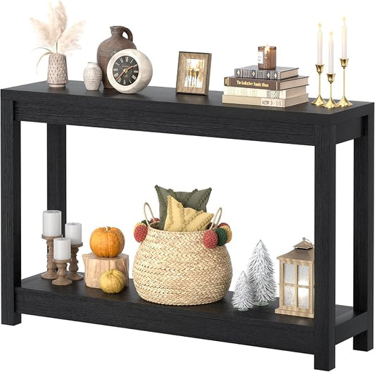 Besiost 47" Farmhouse Wood Entryway Table Narrow Console Table with Storage Behind Couch Sofa Table with Shelves for Entry Way with Open Storage, Easy Assembly, Embossed Wood Grain Black