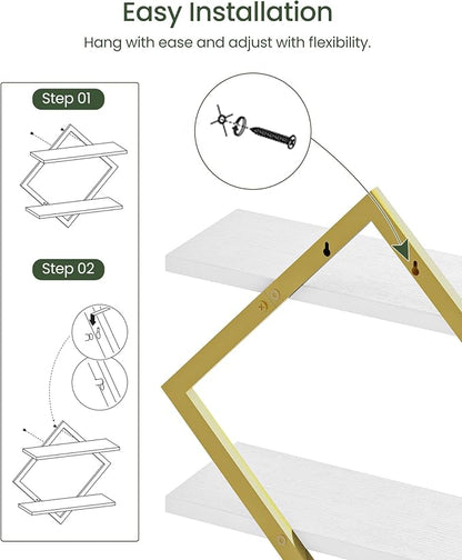 CHOEZON Floating Shelves for Wall, Set of 2 Wall Mounted Shelves, 2-Tier Hanging Shelves, for Living Room, Bedroom, Kitchen, Office, Study, Gold and White TBJ01P2JW