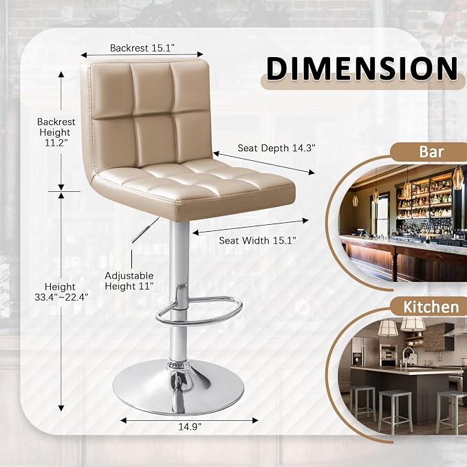 Homall Bar Stools Modern PU Leather Adjustable Swivel Barstools, Armless Hydraulic Kitchen Counter Bar Stool Extra Height Square Island Barstool with Back Set of 2 (Khaki)