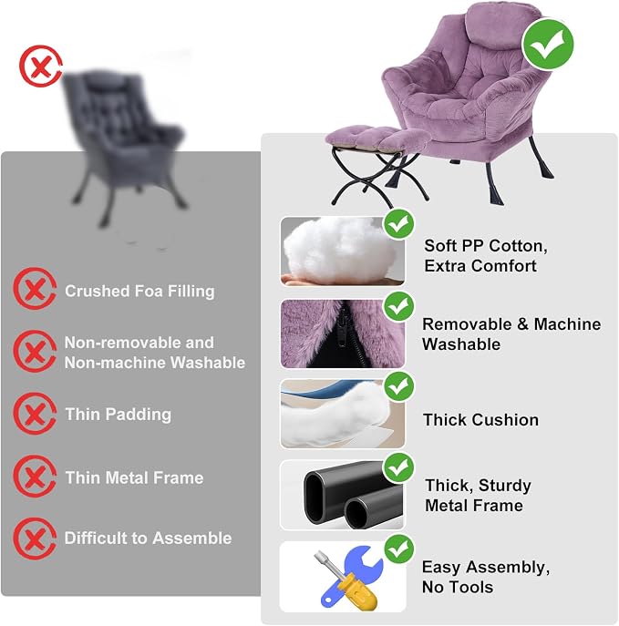 Furlide Lazy Chair with Ottoman, Modern Accent Chair with Armrests and a Side Pocket, Plush Purple Accent Chairs, Reading Chairs, Oversized Armchairs for Bedroom, Study, Living Room, Courtyard