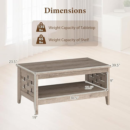 Giantex Farmhouse Coffee Table, 2-Tier Center Table with Storage Open Shelf & Woven Slatted Design, 39.5" Rectangular Accent Cocktail Table, Wood Coffee Tables for Living Room (Rustic Oak)