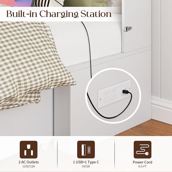 Yoobure Queen Murphy Bed with Charging Station - Rattan Queen Bed Frame with Storage Drawers, Wood Cabinet Beds for Guest Bedroom, Living Room, Office, Farmhouse Hideaway Beds with Foldable Platform