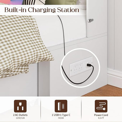 Yoobure Queen Murphy Bed with Charging Station - Rattan Queen Bed Frame with Storage Drawers, Wood Cabinet Beds for Guest Bedroom, Living Room, Office, Farmhouse Hideaway Beds with Foldable Platform