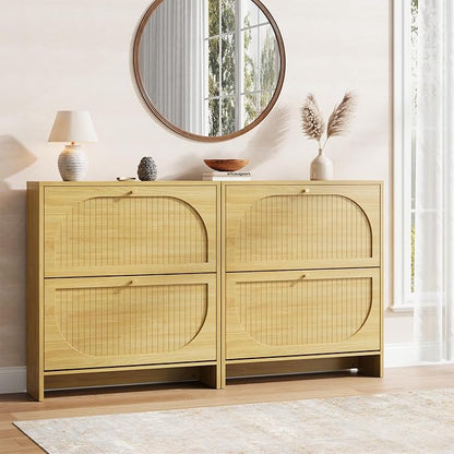 Nicetree Arch-Chic Shoe Cabinet for Entryway, Modern Mid-Century Shoe Storage Cabinet with Fluted, Narrow Shoe Rack with Adjustable Shelves & Tipping Protection, Fits Size 13.5 Shoes,Natural Oak