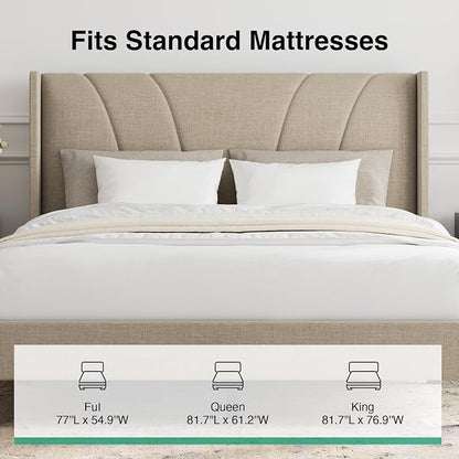 Novilla Full Size Bed Frame, Full Bed Frame with Headboard, Linen Upholstered Wing Side Headboard, No Box Spring Needed, Heavy Duty Feet, Easy Assembly, Beige