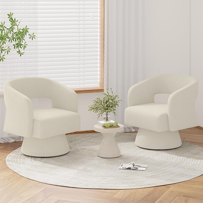 Luxanimarion Swivel Barrel Accent Chair,Oversized Chenille Upholstered Round Swivel Chair,Modern Luxury 360 Degree Living Room Vanity Chair for Bedroom Office,White,2PCS