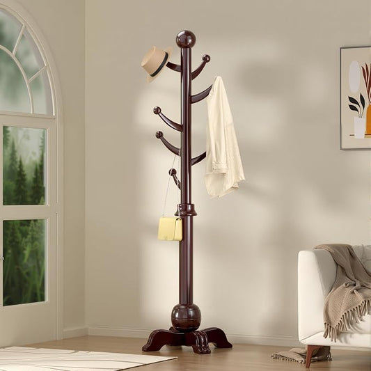 Hall Tree, Freestanding Wood Tree Rack with 7 Hooks, Coat Rack with Stable Sphere Base, Wooden Coat Rack Stand, Load 210 lb, Coat Hanger Stand for Entryway, Hallway, Bedroom (Black-Red)