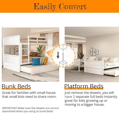 MERITLINE Detachable Full Over Full Bunk Bed with Trundle，Solid Wood Full Size Floor Bunk Bed for Kids, White Bunk Bed Full