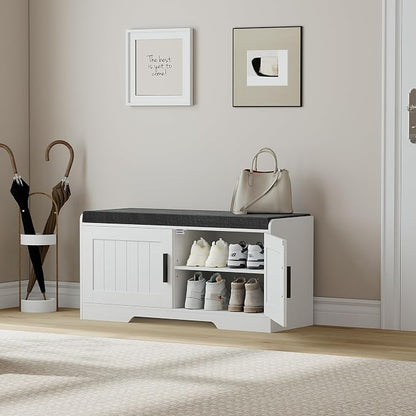 Homleke 2-Tier Storage Bench, Shoe Bench with Thickened Padded Seat Cushion, Entryway Bench with 2 Doors, Adjustable Shelf, 13.8" D x 37.4" W x 18.5" H, for Entryway, Living Room, Bedroom, White