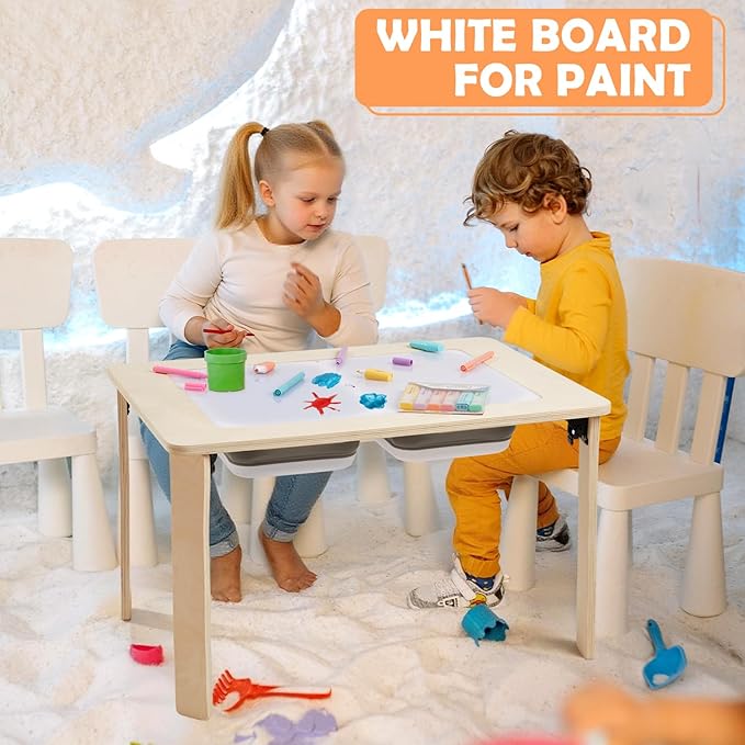 Sensory Play Activity Table for Kids, Foldable Table for Easy Storage with 2 Collapsible Storage Bins and Acrylic Painting Board, Wooden Made