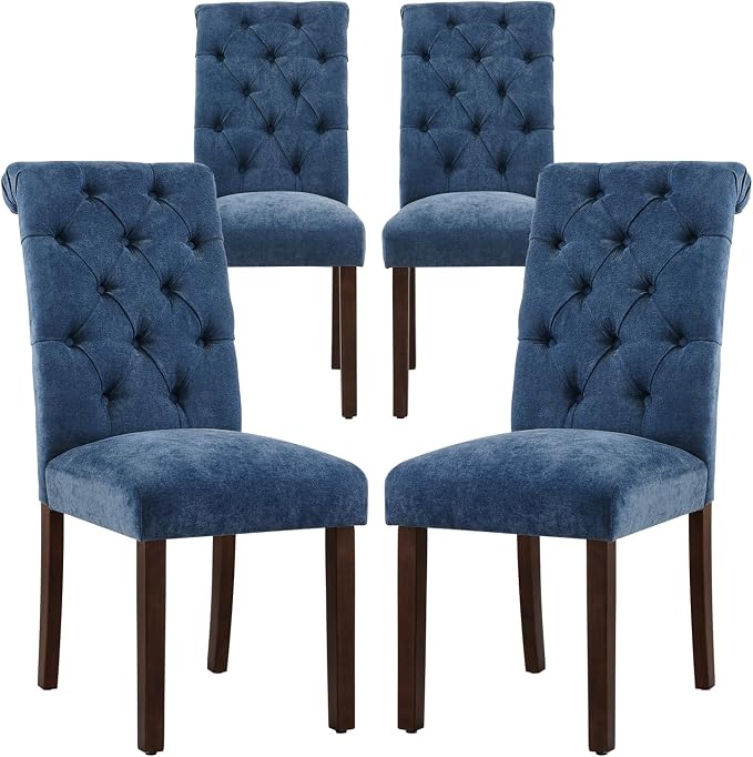 COLAMY Button Tufted Dining Chairs Set of 4, Parsons Upholstered Fabric Dining Room Chairs Kitchen Chairs with Wood Legs and Padded Seat, Blue