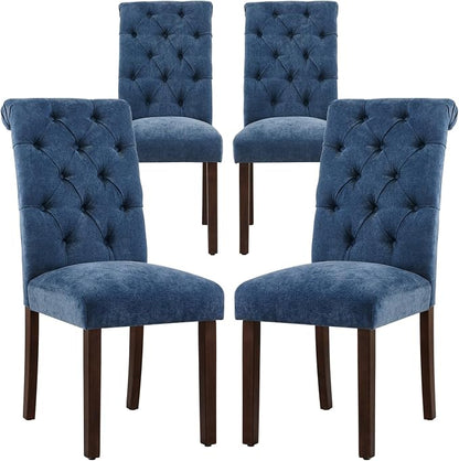 COLAMY Button Tufted Dining Chairs Set of 4, Parsons Upholstered Fabric Dining Room Chairs Kitchen Chairs with Wood Legs and Padded Seat, Blue