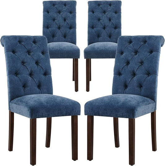 COLAMY Button Tufted Dining Chairs Set of 4, Parsons Upholstered Fabric Dining Room Chairs Kitchen Chairs with Wood Legs and Padded Seat, Blue