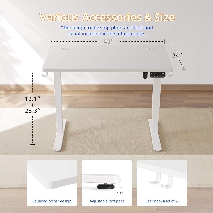 YIHAYO Low Height Adjustable Desk, Lifts 18.1-28.3 Inches, Electric Standing Desk for Short People, 40 x 24 Inches Computer Table with Splice Board for Home Office, White