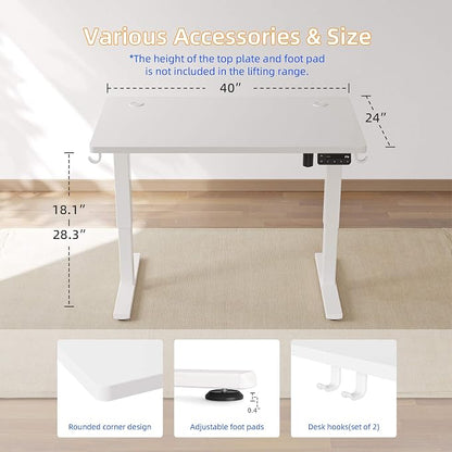 YIHAYO Low Height Adjustable Desk, Lifts 18.1-28.3 Inches, Electric Standing Desk for Short People, 40 x 24 Inches Computer Table with Splice Board for Home Office, White