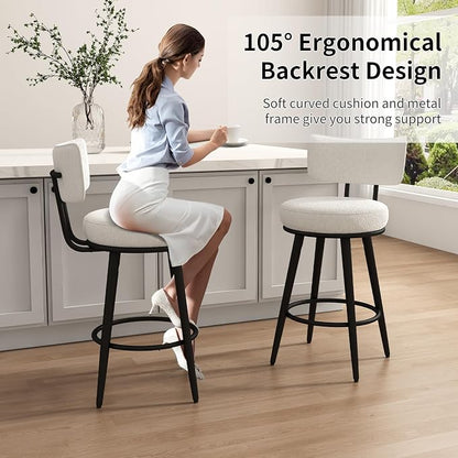 Bar Stools Set of 4, 26 Inches Modern Counter Stools with Metal Legs, Boucle Barstools with Backs, Bar Chairs for Kitchen Island, Upholstered Fabric White 2501
