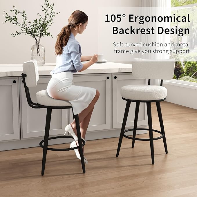 Bar Stools Set of 2, 26 Inches Modern Counter Stools with Metal Legs, Boucle Barstools with Backs, Bar Chairs for Kitchen Island, Upholstered Fabric White 2501