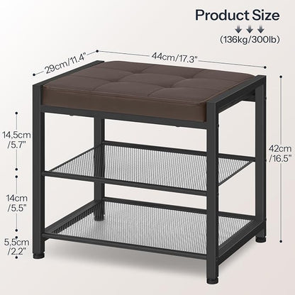 HOOBRO Small Shoe Bench, 3-Tier Shoe Rack, Shoe Storage Bench with PU Seat Cushion, Entryway Shoe Rack Bench with Metal Mesh Shelves, Freestanding Shoe Organizer for Hallway, Brown CB33HX01