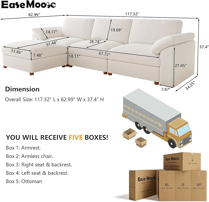 EASE MOOSE Sectional Modular Sofa,Oversized L Shape Sectional Couch Wide Deep seat Sectional Sofa,Comfortable White Modular Sofa