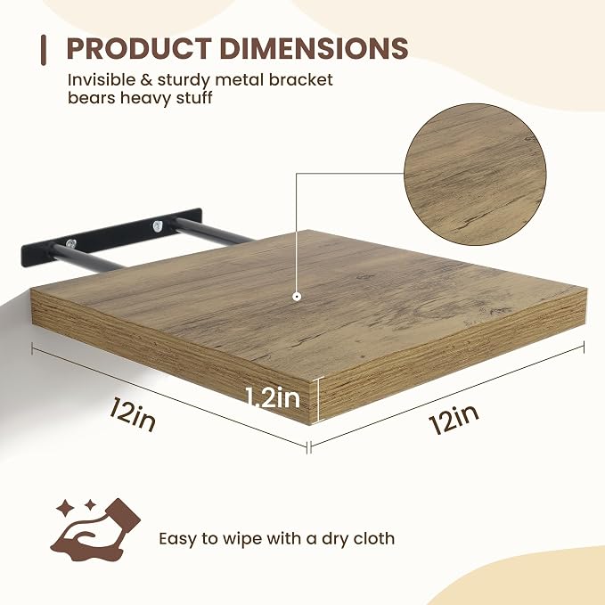 Fun Memories Square Floating Shelves for Wall - 12 Inch Deep Floating Shelves with Invisible Brackets, Grey Small Wall Shelf for Living Room, Bathroom, Bedroom, and Kitchen Decor Set of 4