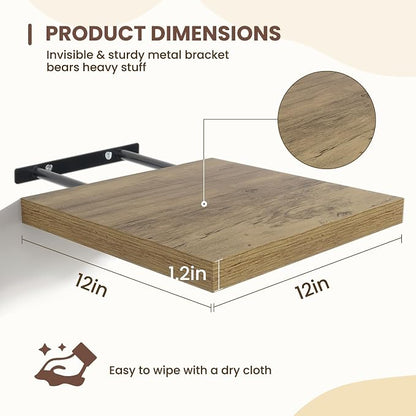 Fun Memories Square Floating Shelves for Wall - 12 Inch Deep Floating Shelves with Invisible Brackets, Grey Small Wall Shelf for Living Room, Bathroom, Bedroom, and Kitchen Decor Set of 4