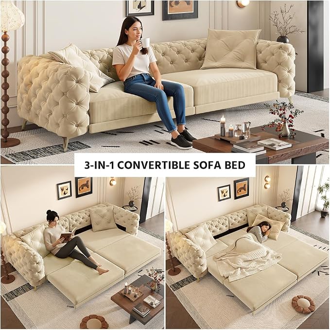 97.7" Convertible Queen Sleeper Sofa with Ottoman - Button Tufted Pull Out Sofa Bed, Velvet King Size Couch Bed & Vintage Deep Seat 4-Seater Couch for Small Spaces, Apartment & Living Room, Apricot | Button Tufted