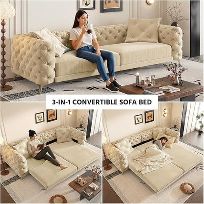 97.7" Convertible Queen Sleeper Sofa with Ottoman - Button Tufted Pull Out Sofa Bed, Velvet King Size Couch Bed & Vintage Deep Seat 4-Seater Couch for Small Spaces, Apartment & Living Room, Apricot | Button Tufted
