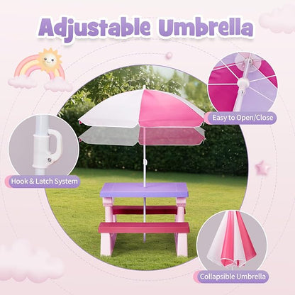 JOYMOR Kids Picnic Table with Removable Umbrella, Plastic Kids Activity Table for Outdoors, Toddler Table and Bench Set for Ages 3+, Ideal for Garden, Patio, Pink & Purple