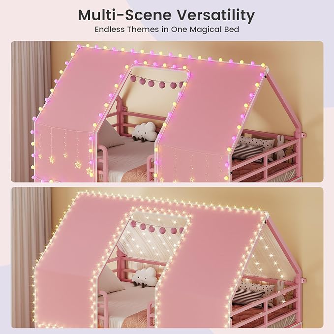 BTHFST Bunk Bed Twin Over Twin with Play Curtain, House Bunk Bed with LED Lights, Metal Kids Bunk Bed with Inclined Ladder and Guardrail, Space Saving, No Box Spring Needed, Pink