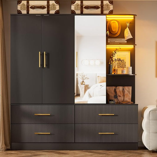 PAKASEPT 3 Door Armoire Wardrobe Closet, 70.87" H Bedroom Armoires with Drawers, Mirror, LED Light, Hanging Rod, Side Hooks, Large Capacity Storage Wardrobe Armoire for Bedroom (Black)