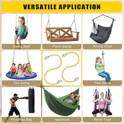 2Pcs 60" Heavy Duty Hanging Chains with Carabiners 1000 LBs Capacity Swing Chain with Hooks Porch Swing Chains Yellow Coated Chain for Hammock, Tree Swing, Hanging Chair, Heavy Bags, Swing Chair