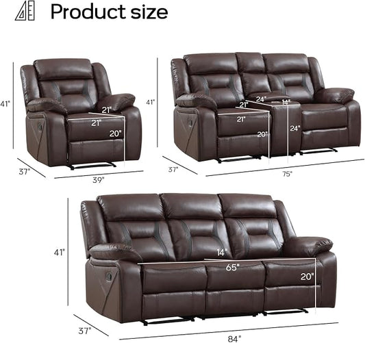 EBELLO Faux Leather Recliner Sofa Furniture Set for Living Room, Recliner Chair, Manual Loveseat, 3 Seat Recliniing Sofa Couch Set for Meeting Room, Dark Brown