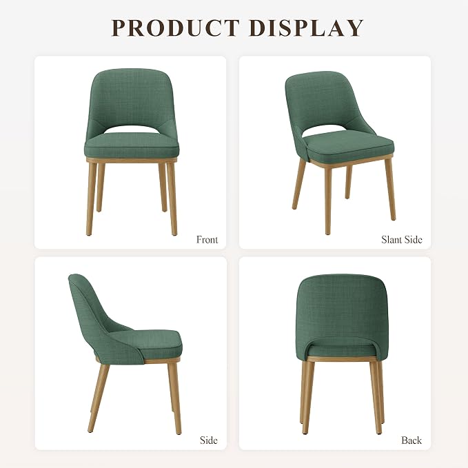 Modern Upholstered Dining Chairs Set of 2, Open Back with Solid Wood Legs, Ergonomic Curved Back Fabric Kitchen Chairs for Dining Room & Kitchen, Living Room Side Chairs, Farmhouse, Green