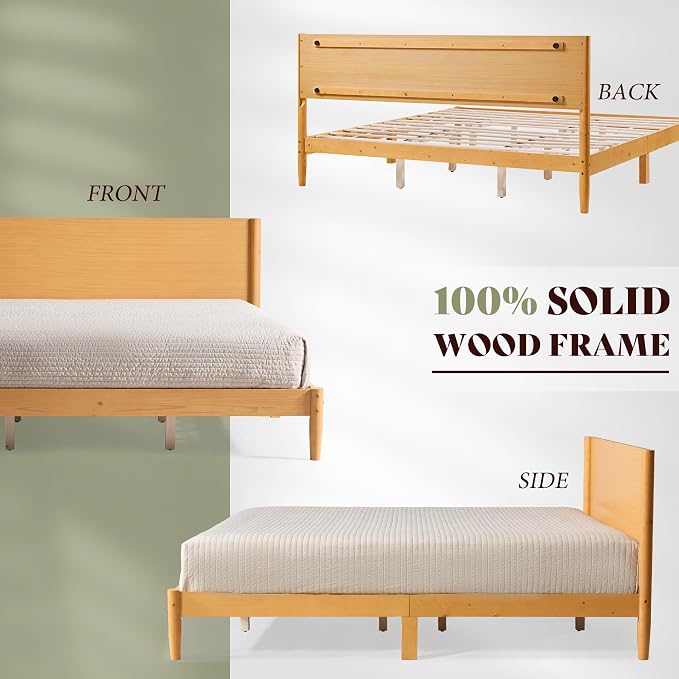 AMERLIFE Solid Wood Full Size Bed Frame, Mid Century Modern Platform Bed with Full Panel Headboard, Noise-Free & Cylindrical Legs, No Box Spring Needed, Under-Bed Storage, Natural Wood
