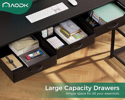 AODK 61 Inch L Shaped Computer Desk with Drawers, Corner Desk with Power Outlets & Reversible Storage Shelves, for Home Office Gaming, Black