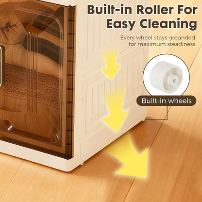 YHB Plastic Folding Storage Box Units, Pet Collapsible Clothes Organizers,White, Collapsible Wardrobe with Visualization Doors, Rolling Wheels