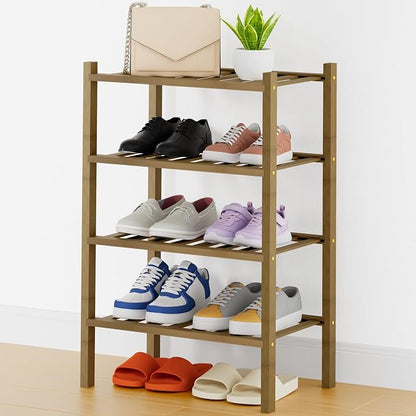 Smiry Small Bamboo Shoe Rack, 4 Tier Free Standing Wooden Shoe Organizer, Stackable Wood Shoe Storage Shelf for Closet, Entryway, 14 Vertical Slats, 2+2 Stack Heavy-Duty Legs, 17.3"x11"x26", Walnut