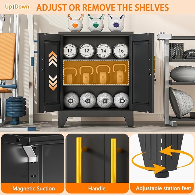 Metal Tool Storage Cabinet with Doors and Adjustable Shelves, Small Locking Garage Storage Cabinet, Black Steel Tool Cabinets with Leveling Feet for Garage, Basement, Office, Utility Room