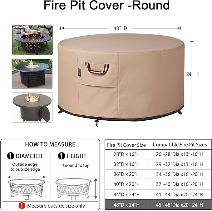 QH.HOME Fire Pit Cover Round-45-48 Inch Heavy Duty 900D Strong Tear-Resistant and UV Resistant and Waterproof and Fading Resistant Material Polyester Firepit Covers Round for Outdoor Fire Pit-Wheat