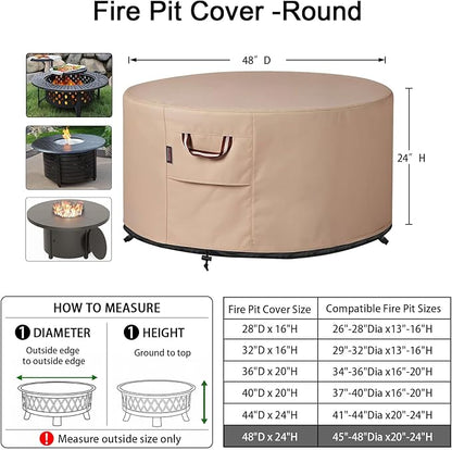 QH.HOME Fire Pit Cover Round-45-48 Inch Heavy Duty 900D Strong Tear-Resistant and UV Resistant and Waterproof and Fading Resistant Material Polyester Firepit Covers Round for Outdoor Fire Pit-Wheat