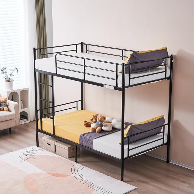 Karl home Metal Bunk Bed Twin Over Twin with Built-in Ladder, Black | Heavy Duty Bunkbeds with Safety Guardrail and Space-Saving Design,Twin Bunk Beds for Kids, Teens & Adults, No Box Spring