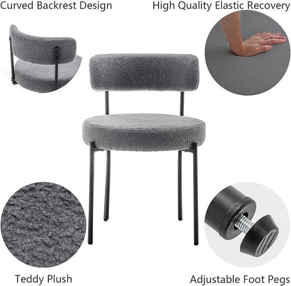 Cinxzar Grey Boucle Dining Chairs Set of 4, Upholstered Dining Room Chairs with Black Metal Legs, Round Modern Dining Chair for Dining Room, Kitchen