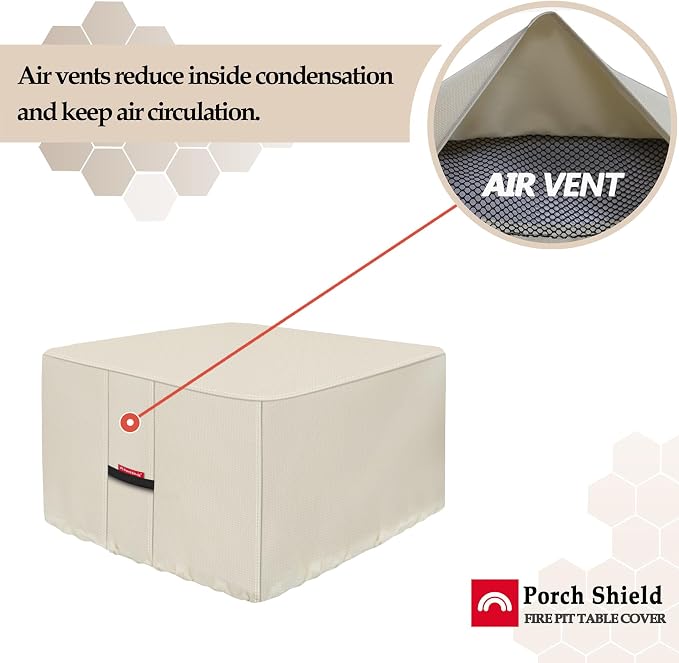 Porch Shield Fire Pit Cover - Waterproof 600D Heavy Duty Fade Resistant Square Patio Fire Pit Table Cover Beige - 28 x 28 inch