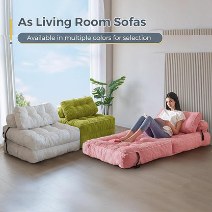 MAXYOYO Folding Sofa Bed, Convertible Chair with Pillow Foldable Couch with Back Support, Portable Fold Out Chair Bed Comfy Floor Sofa Lounge for Living Room Bedroom, Beige, Green